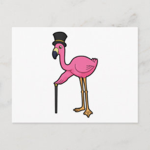 Carte Postale Flamant rose comme Groom avec Casquette & canne