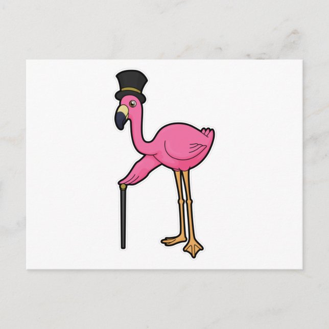Carte Postale Flamant rose comme Groom avec Casquette & canne (Devant)