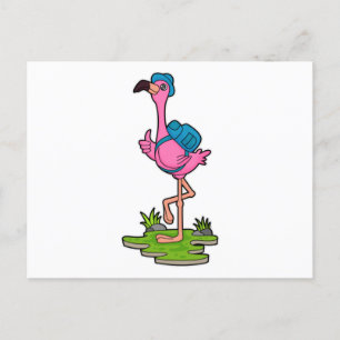 Carte Postale Flamant rose comme randonneur avec sac à dos
