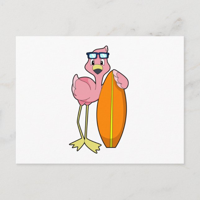 Carte Postale Flamant rose comme Surfer avec Surfboard.PNG (Devant)