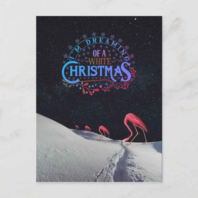 Carte Postale Flamant rose dans la neige avec l'espace Noël biza (Devant)