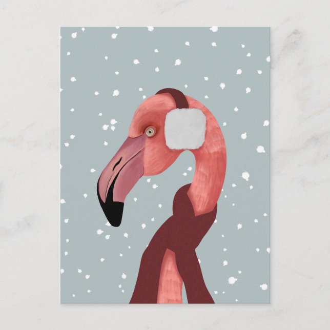 Carte Postale Flamant rose D'Hiver Whimsical Et Cosy Avec Écharp (Devant)