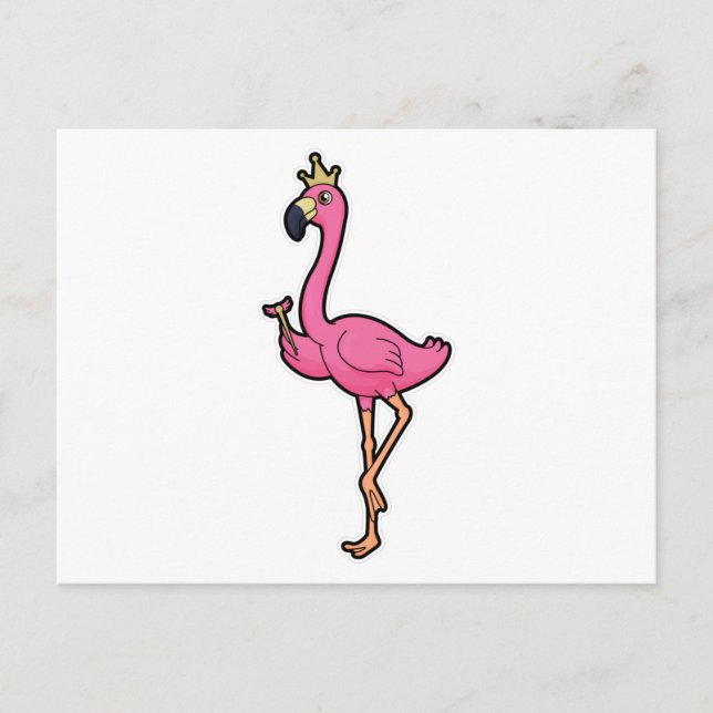 Carte Postale Flamant rose en roi avec couronne et bâton (Devant)