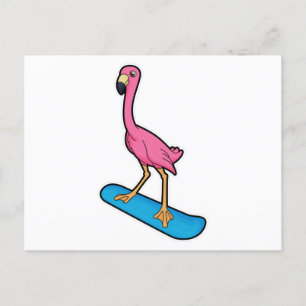 Carte Postale Flamant rose en Snowboard avec Snowbaord