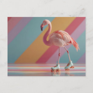 Carte Postale Flamant rose fantaisiste sur des patins à roulette