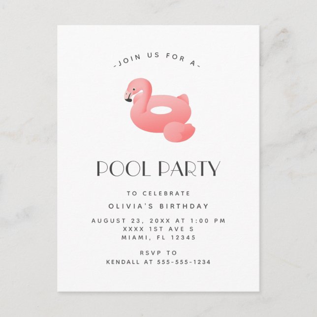 Carte Postale Flamant rose Float Pool Party Anniversaire Invitat (Devant)