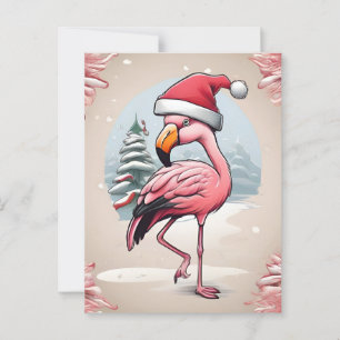 Carte Postale Flamant rose portant un chapeau santa à côté du sa