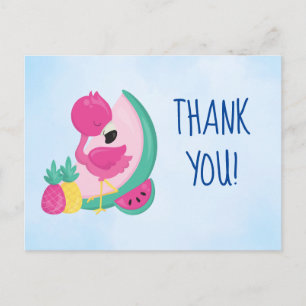 Carte Postale Flamant rose rose avec pastèque et ananas Merci