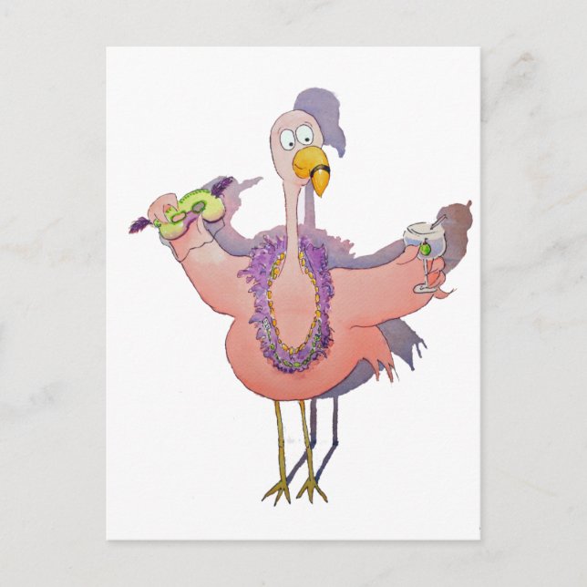 Carte Postale Flamant rose rose Boisson Mardi Gras Aquarelle Pai (Devant)