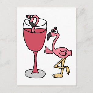 Carte Postale Flamant rose rose en verre de vin blanc
