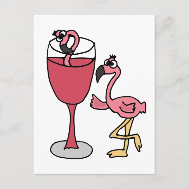 Carte Postale Flamant rose rose en verre de vin blanc (Devant)
