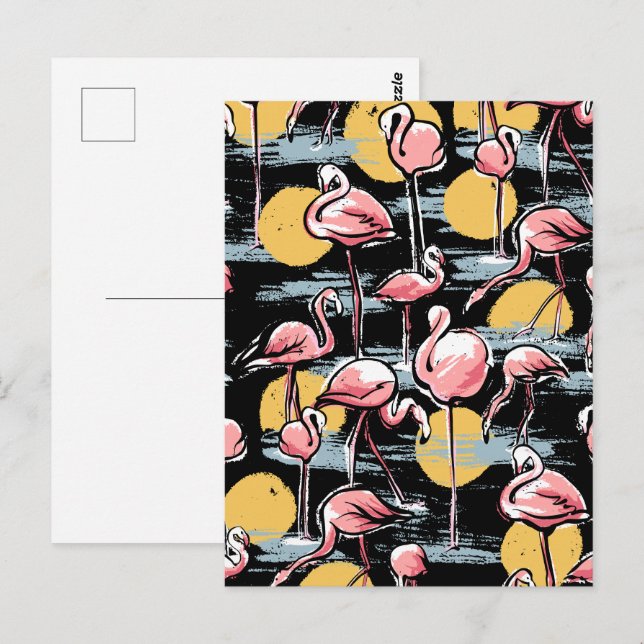 Carte Postale Flamant rose rose et coucher de soleil | Tango tro (Devant / Derrière)