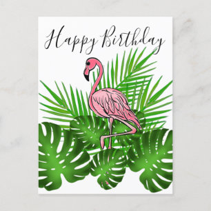 Carte Postale Flamant rose rose, jungle tropicale heureux annive