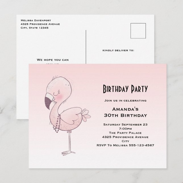 Carte Postale Flamant rose rose mignon Illustration fête d'anniv (Devant / Derrière)
