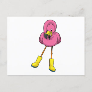 Carte Postale Flamant rose sous la pluie avec des bottes en caou