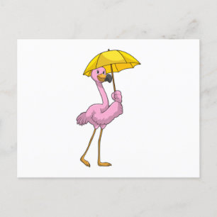 Carte Postale Flamant rose sous la pluie avec un parapluie