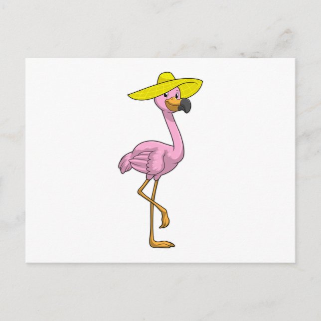 Carte Postale Flamant rose sur la plage avec Casquette (Devant)
