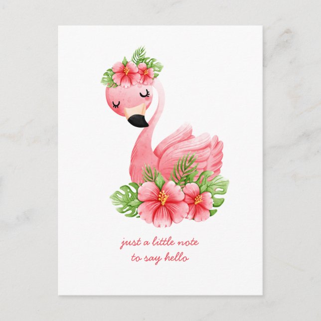 Carte Postale Flamant Rose Tropical Fleurs Pensées Pour Vous Pos (Devant)