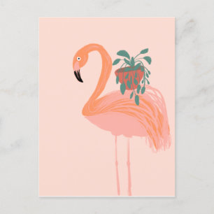 Carte Postale Flamant tropical avec plante en pot dessinée à la