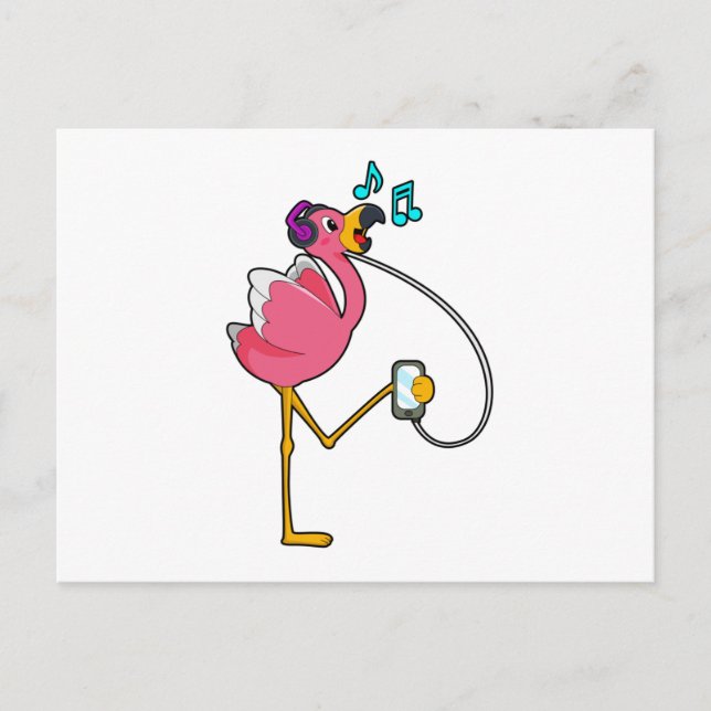 Carte Postale Flamingo at Music with Headphone (Devant)
