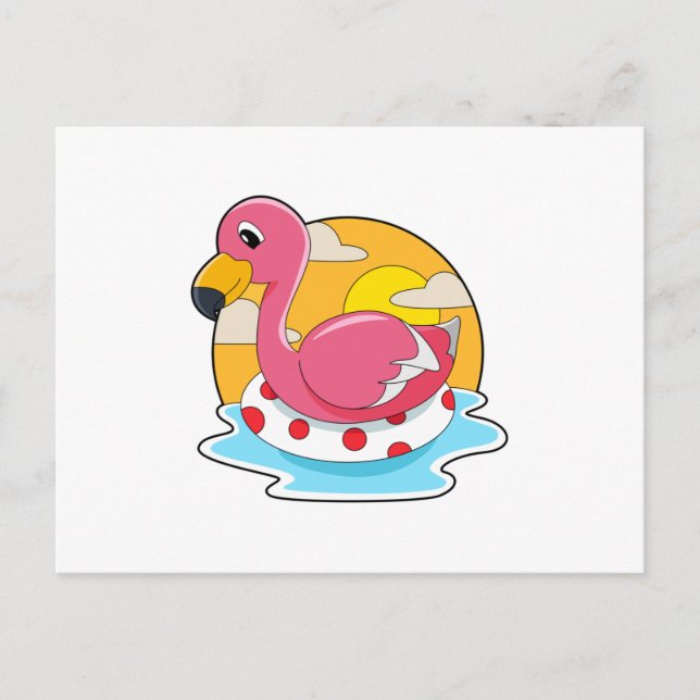 Carte Postale Flamingo at Swimming with Lifebuoy (Devant)