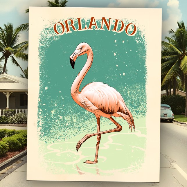 Carte Postale Flamingo Rose Rétro Souvenir de Vacances en Florid (Retro Pink Flamingo postcard in vintage Miami style, personalized with Florida destination city.)