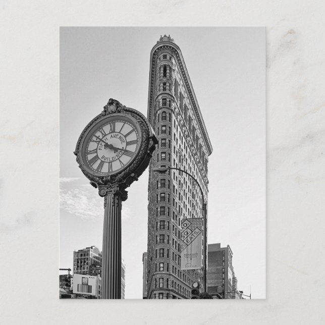 Carte Postale Flatiron Building et horloge en noir et blanc 2 (Devant)