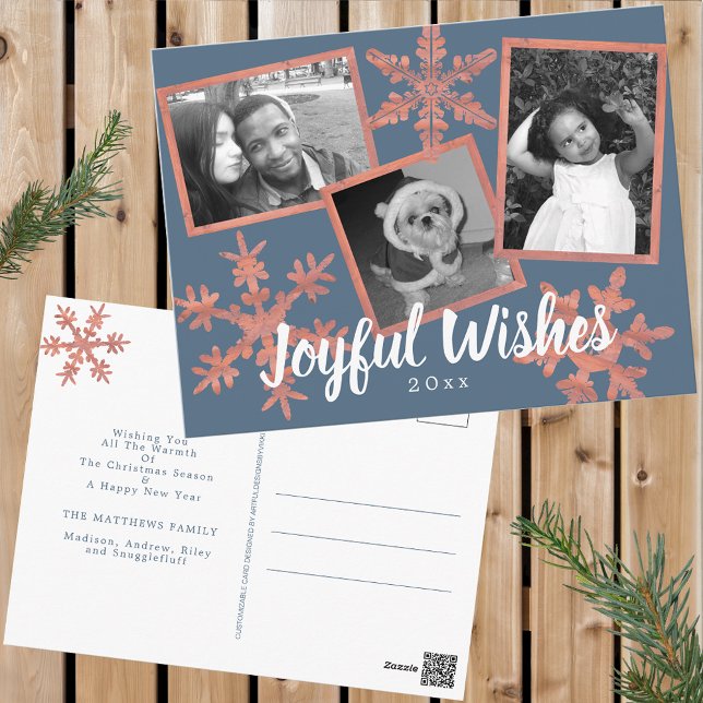 Carte Postale Fléau de neige rustique bleu moderne Collage 3 Pho (Customize these holiday postcards with 3 of your favorite photos and a personalized greeting.)