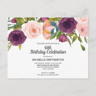 Carte Postale Fleur aquarelle rose violet Blanc 50e Anniversaire