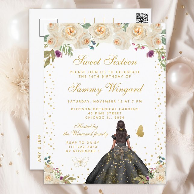 Carte Postale Fleur Crème Princesse à peau foncée Sweet Seize an (Créateur téléchargé)