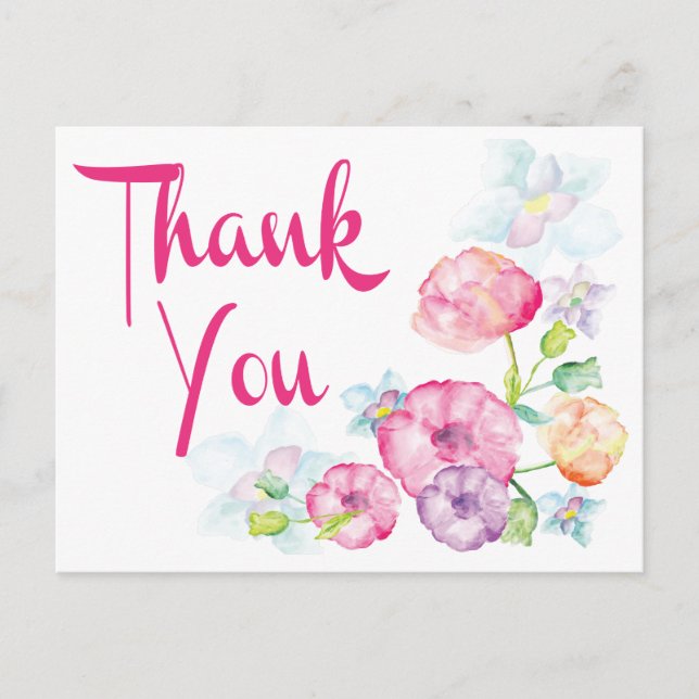 Carte Postale Fleur d'aquarelle rose et violet Merci (Devant)