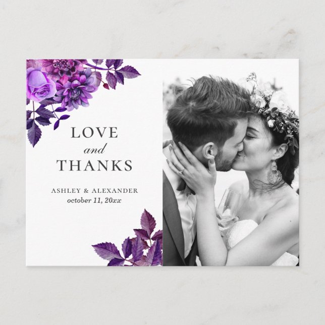 Carte Postale Fleur d'aquarelle violet. Floral mariage merci (Devant)