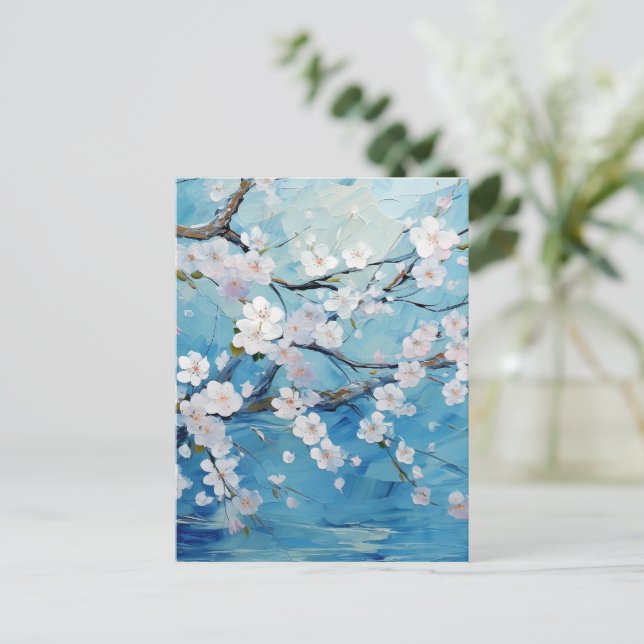 Carte Postale Fleur de cerise personnalisée bleu (Debout devant)