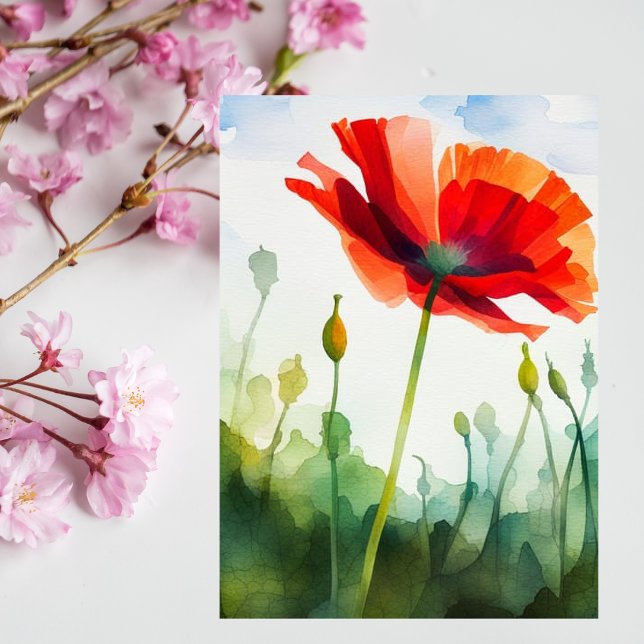 Carte Postale Fleur de coquelicot, pré, aquarelle, fleur (Créateur téléchargé)