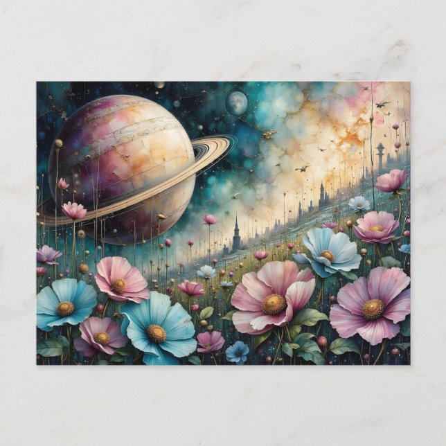 Carte Postale Fleur de cosmos futuriste et espace (Devant)