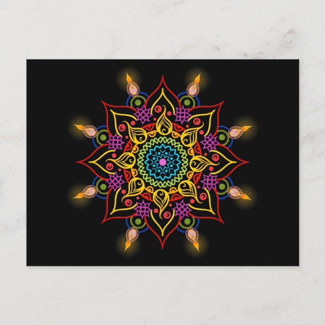Carte Postale Fleur de Diwali Rangoli avec lampes à huile (Devant)