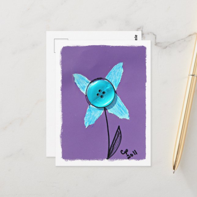 Carte Postale Fleur de média mixte bleu sur violet (Devant/Arrière en situation)