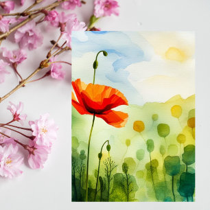 Carte Postale Fleur de pavot, pré, aquarelle