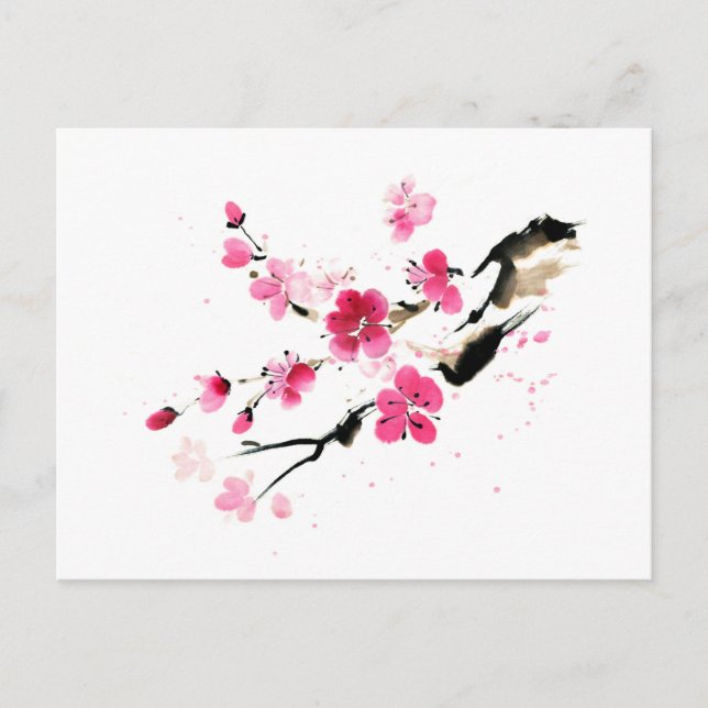 Carte Postale Fleur de printemps rose. С peinture alligraphique  (Devant)