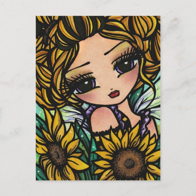 Carte Postale Fleur de soleil de printemps Bumblebee Fée Imagina (Devant)