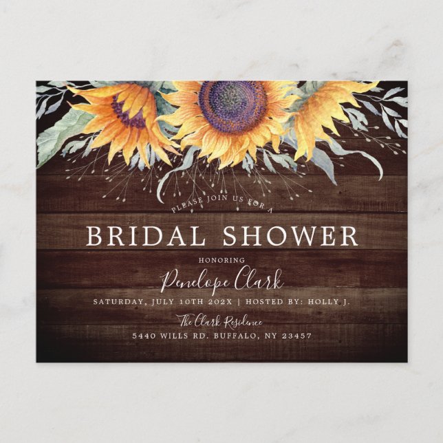 Carte Postale Fleur de Tournesol Rustique | Fête de Mariage Flor (Devant)
