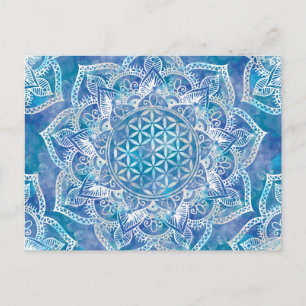 Carte Postale Fleur de vie à Lotus - Aquarelle Bleu