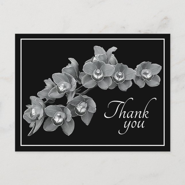 Carte Postale Fleur d'orchidée Noir/Blanc Fond noir Merci (Devant)