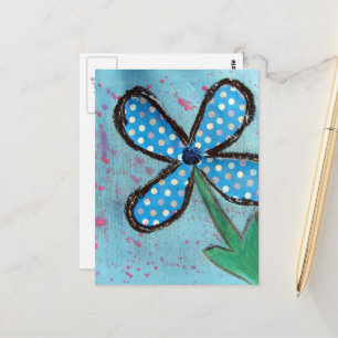 Carte Postale Fleur en mélange de médias à pois bleus