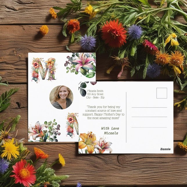 Carte Postale Fleur Fête des mères MOM personnalisée Photo (Personalised MOM Mothers Day flower Photo Postcard)