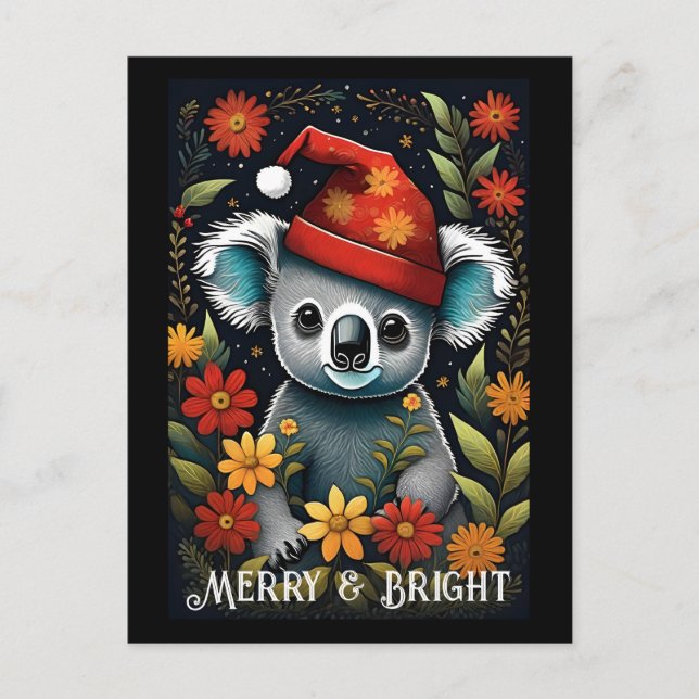 Carte Postale Fleur mignonne Père Noël Koala Ours Noir Noël (Devant)