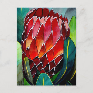 Carte Postale Fleur Protea rouge aquarelle originale