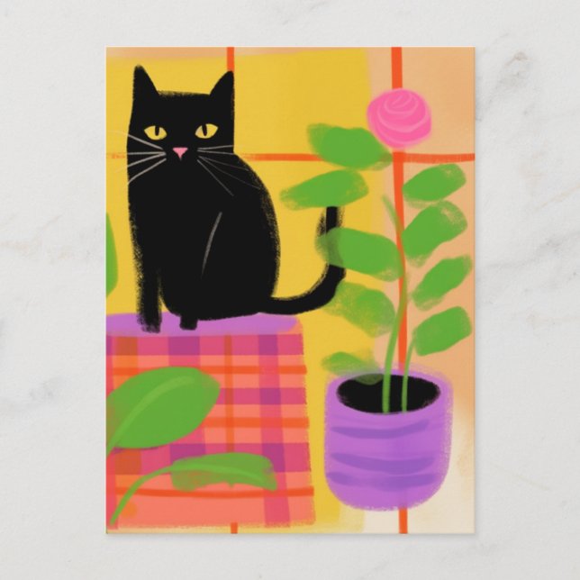 Carte Postale Fleur rose Chat noir mignon (Devant)