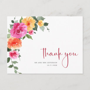 Carte Postale Fleur rose vif de prairie à l'aquarelle Merci