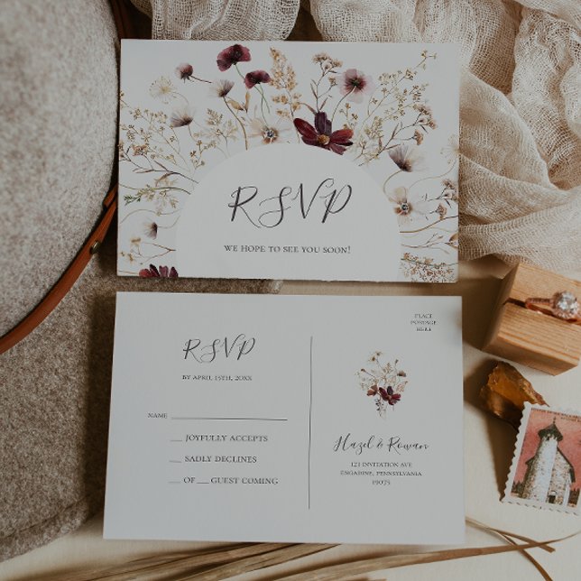 Carte Postale Fleur sauvage Bourgogne cuivré | RSVP de mariage b (Créateur téléchargé)